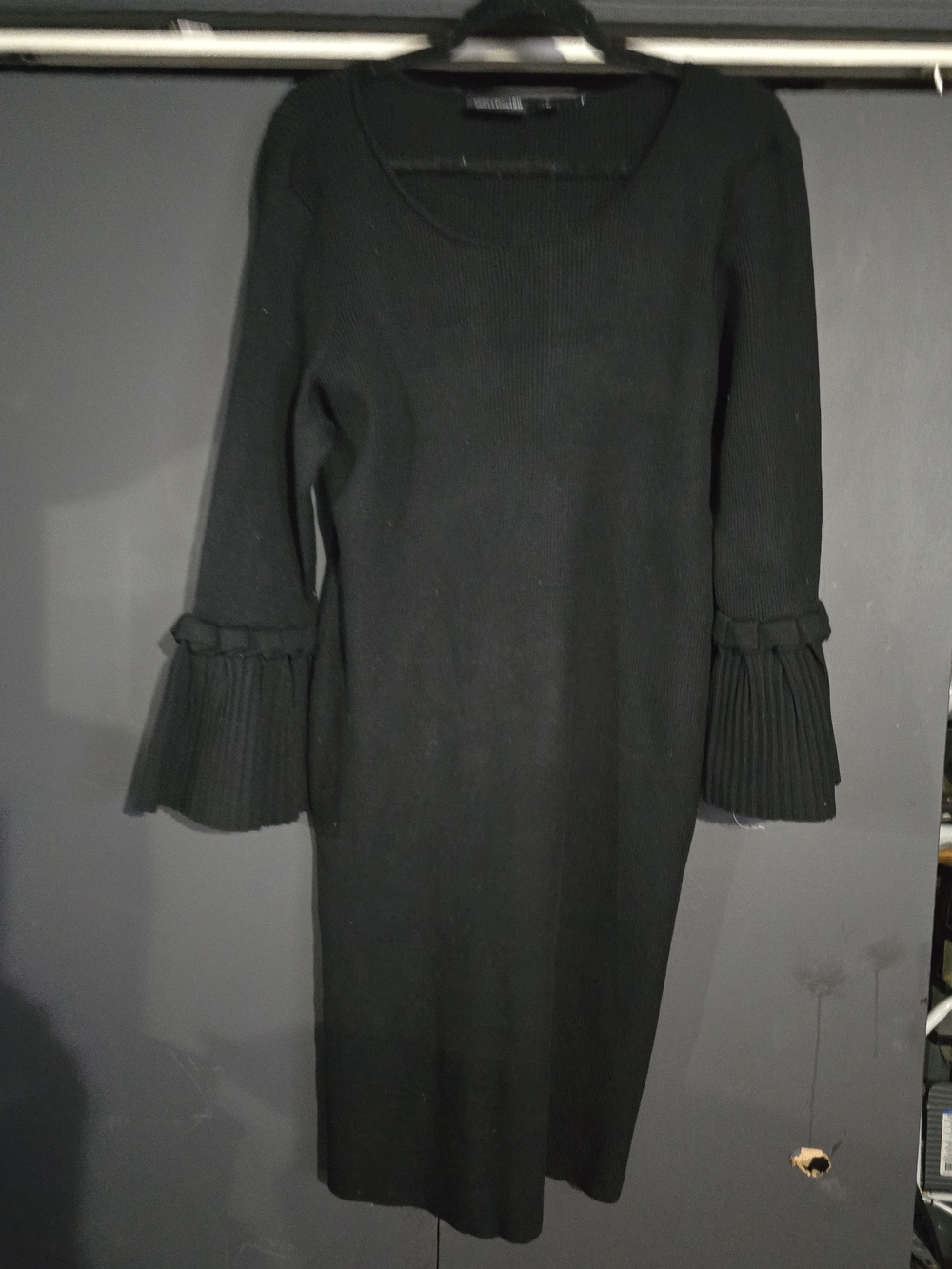 Nina Leonard Black Ribbed Knit Dress with Bell Sleeves
